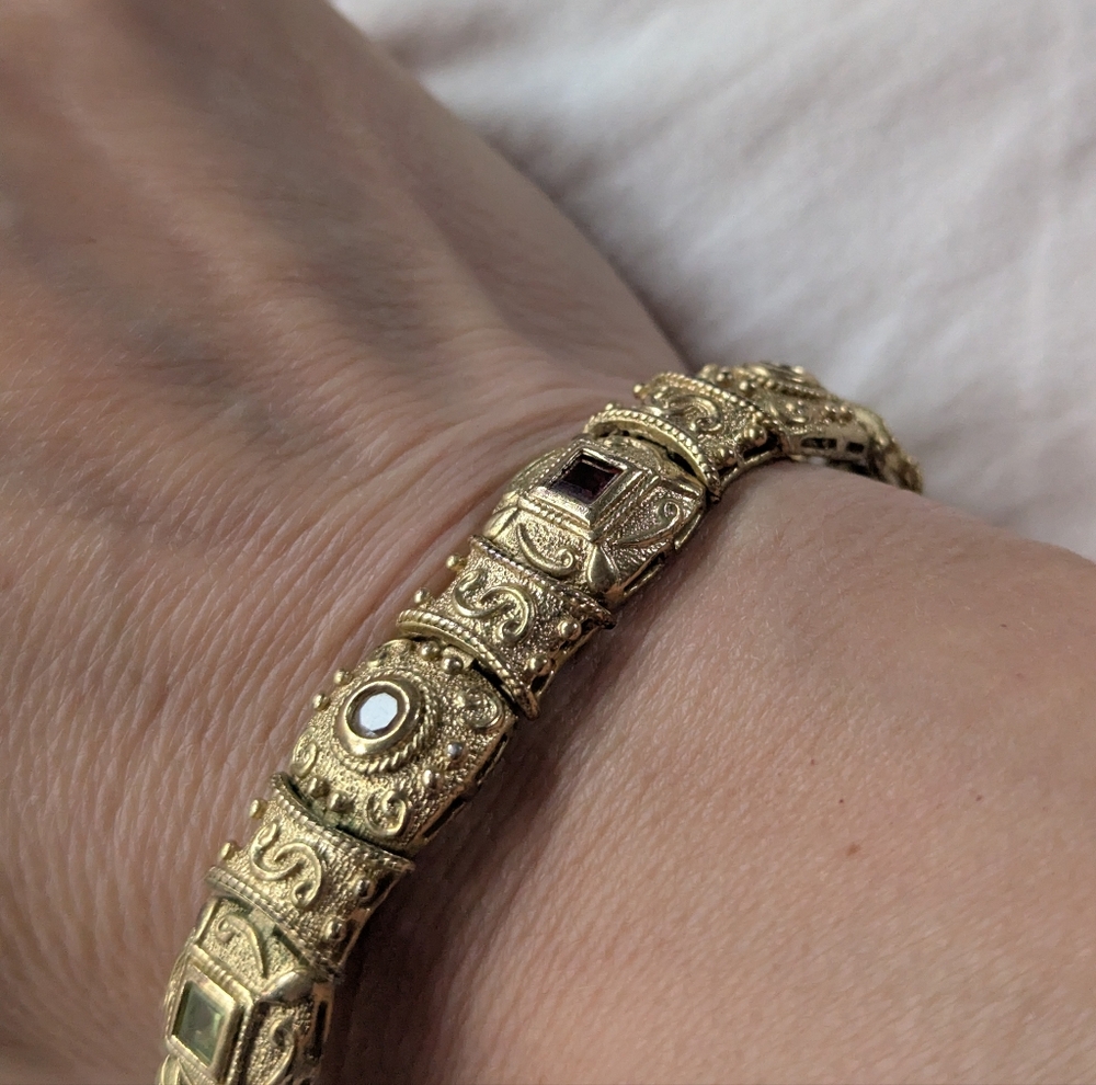 Gold Plated Sterling Silver Baroque Style Multi Gem Link Bracelet